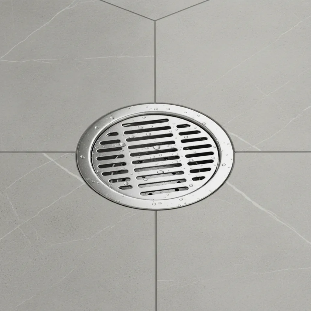 Close view of stainless steel bathroom floor drain used for pest prevention
