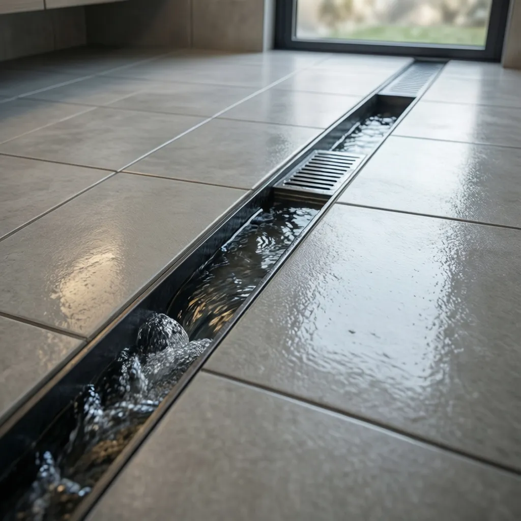 Bathroom tile floor with correct slope toward drain preventing standing water
