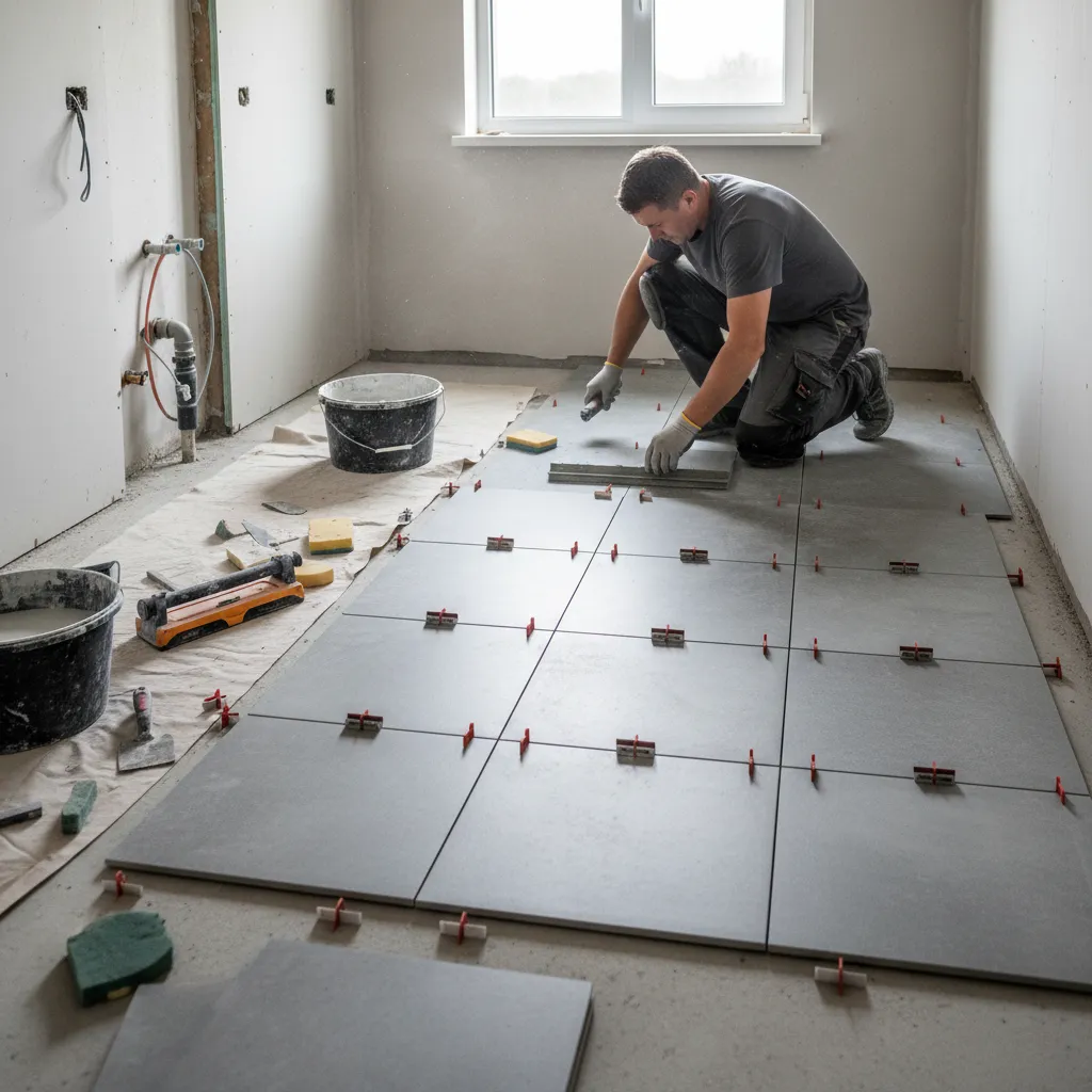 contractor installing bathroom tile flooring during renovation