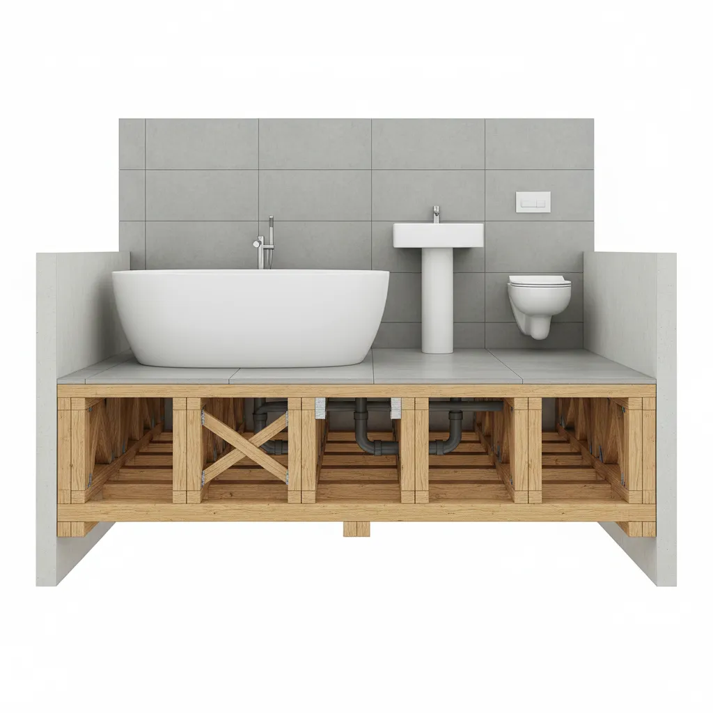 Bathroom floor framing with reinforced joists under bathtub area