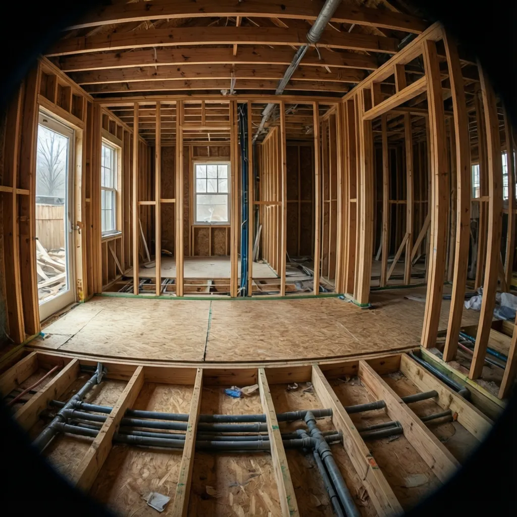 Exposed residential bathroom floor framing with wooden joists and plumbing layout