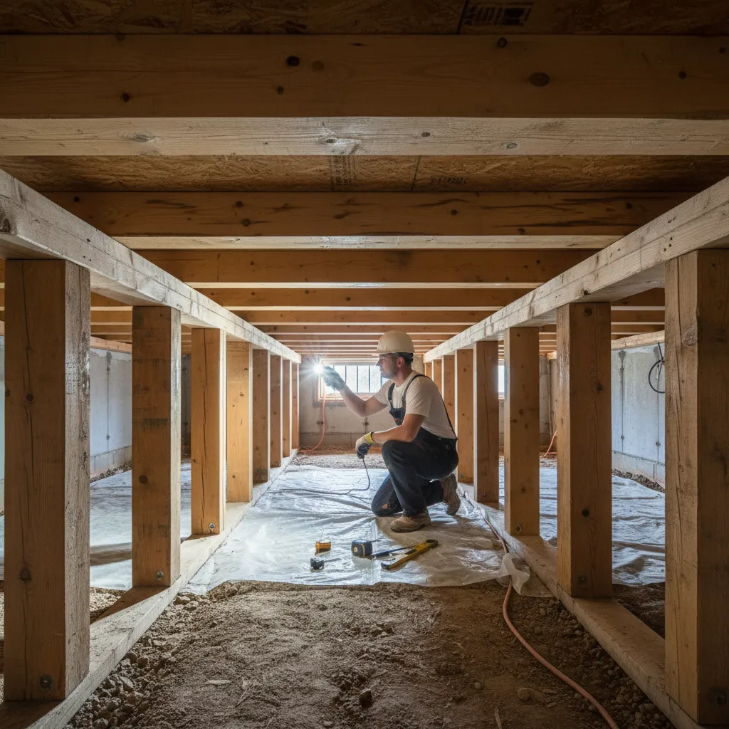 Exposed bathroom floor joists and subfloor structure from below