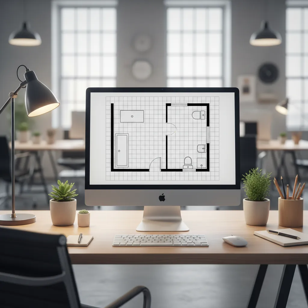 Digital bathroom floor plan layout displayed on computer with fixtures arranged
