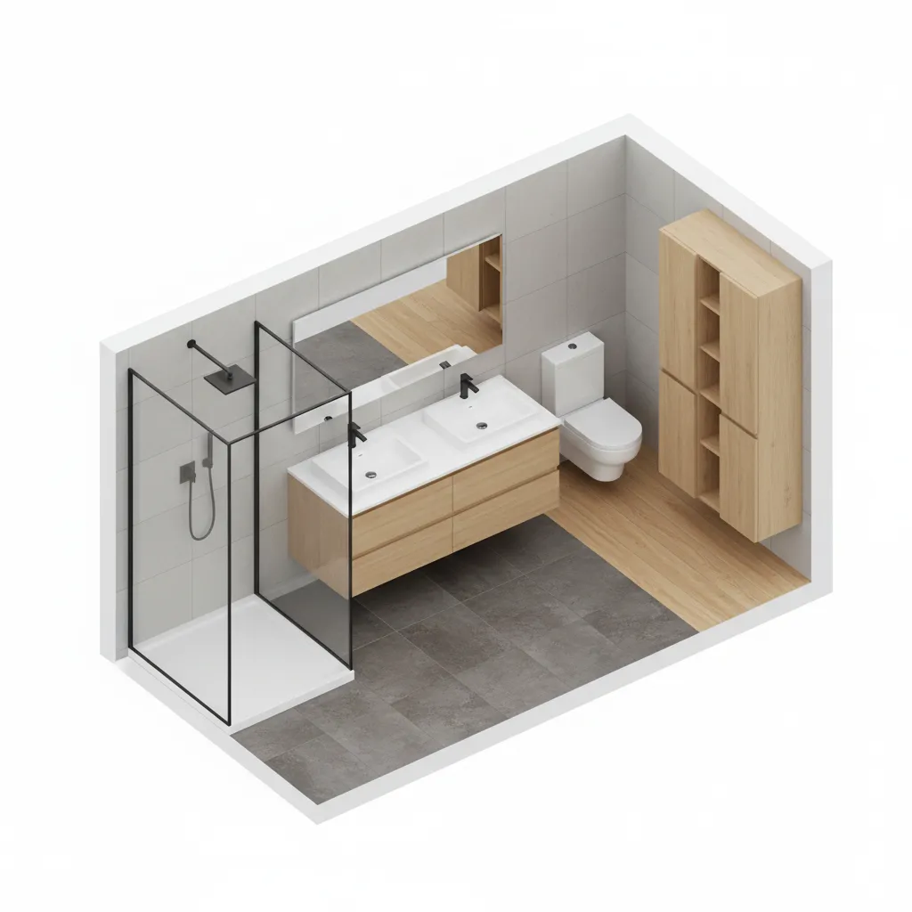 3D bathroom floor plan layout showing shower vanity toilet placement for renovation planning