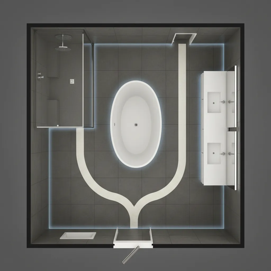 bathroom layout highlighting wet zones and safe walking paths