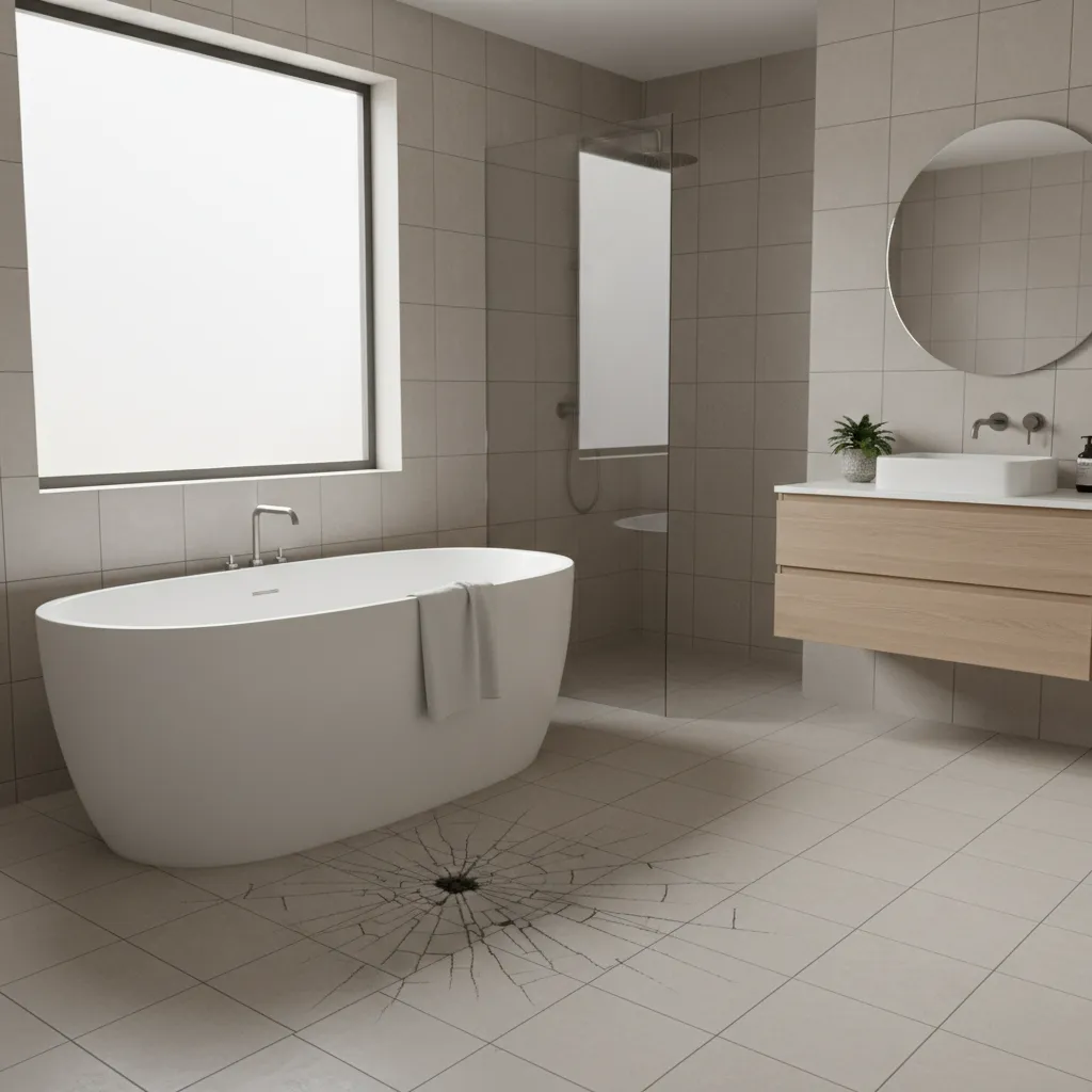 Bathroom tile floor showing cracks and sagging near bathtub