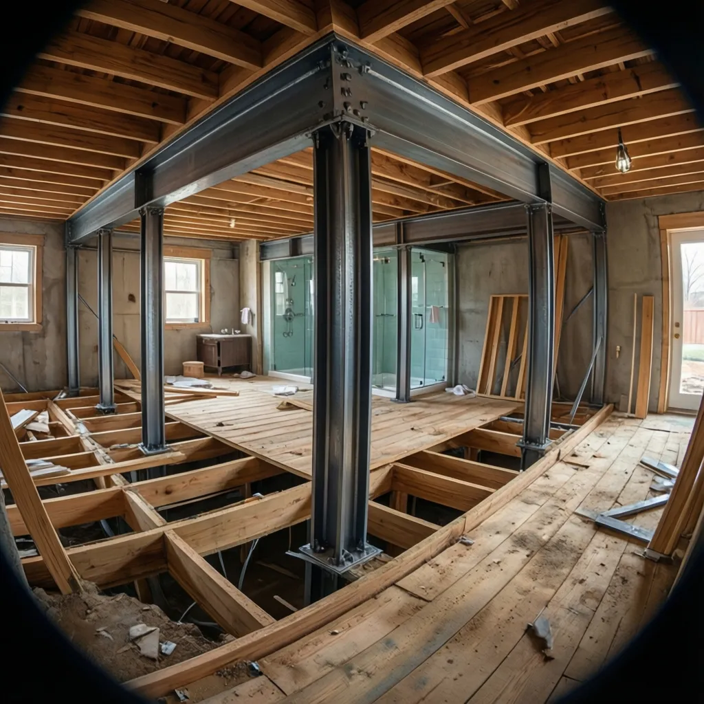 Support beam installed beneath bathroom floor joists