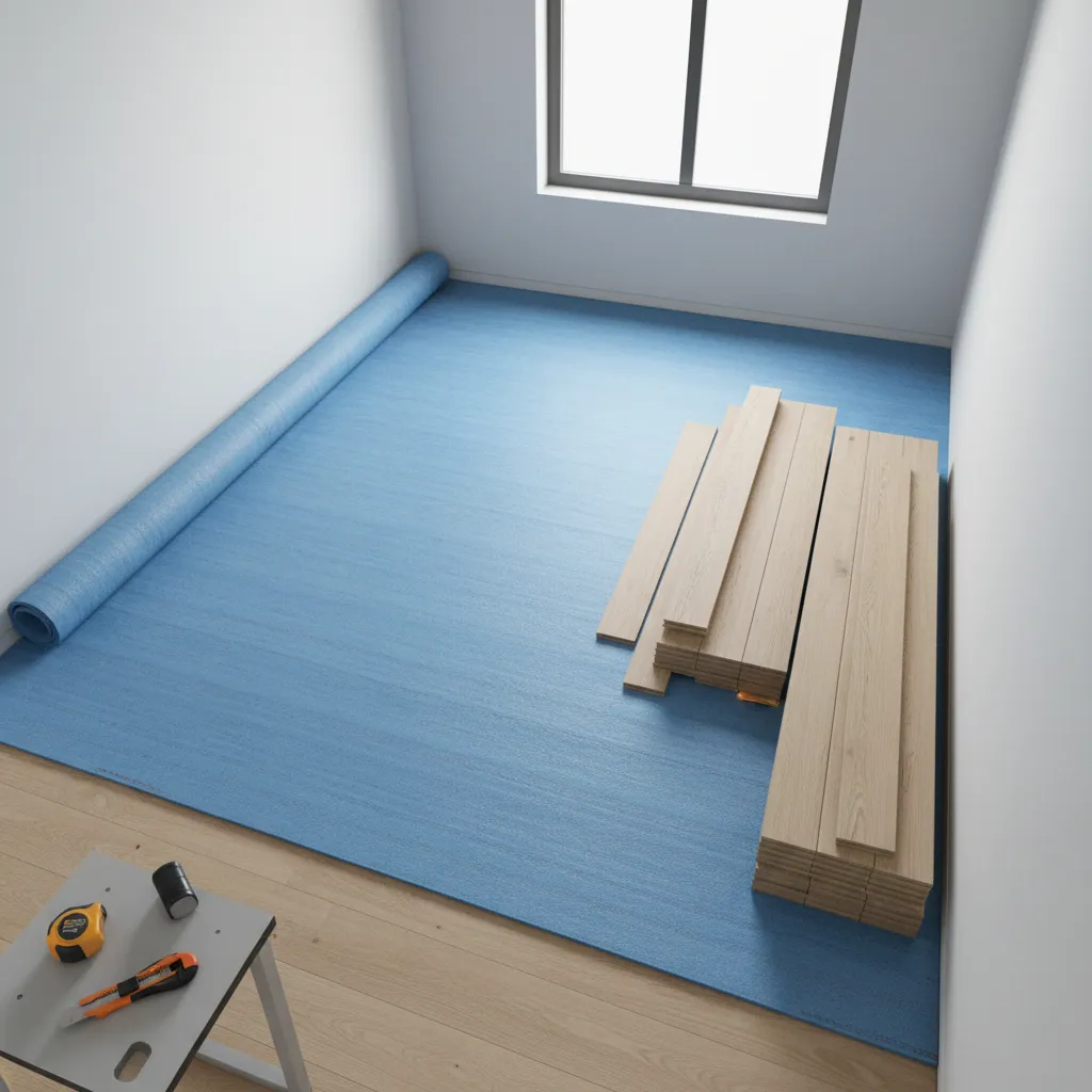 Moisture barrier underlayment installed beneath floating bathroom floor