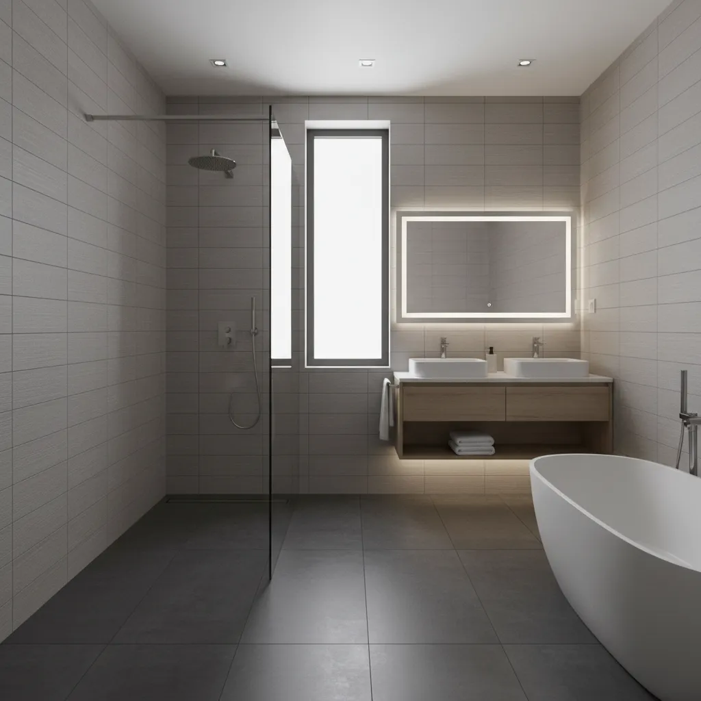 Bathroom with light wall tiles and darker floor tiles
