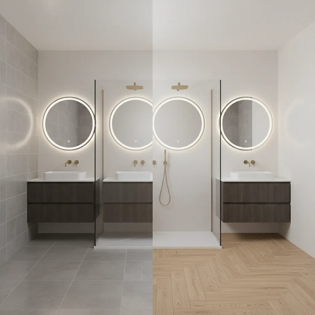 Side by side bathroom flooring comparison tile and vinyl plank