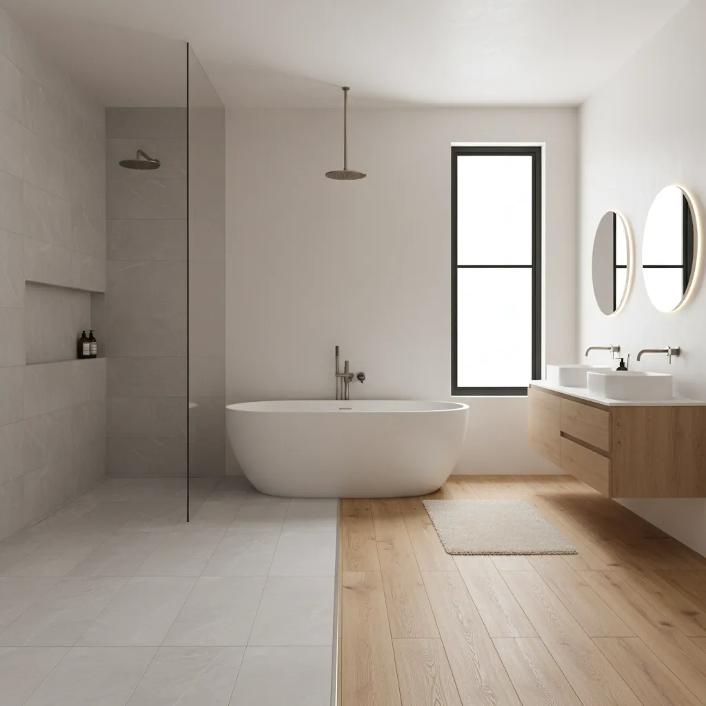 bathroom interior showing different flooring materials like tile and vinyl plank