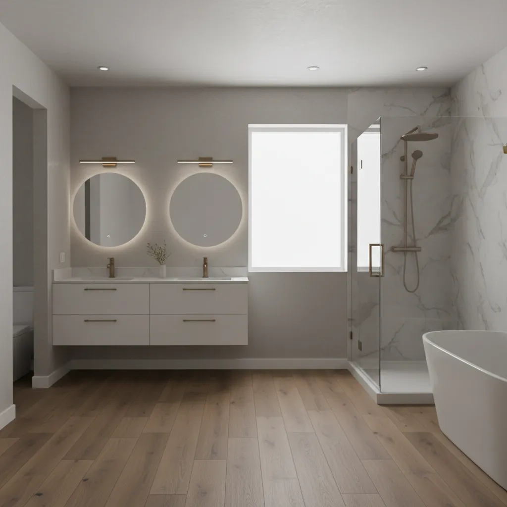 modern bathroom showing vinyl plank flooring example