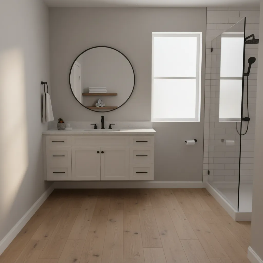 Finished modern bathroom with durable contractor recommended flooring