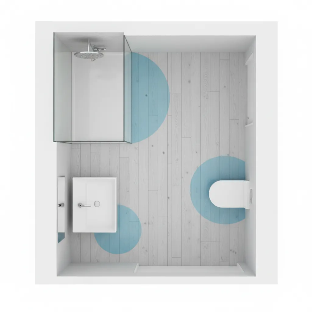 Bathroom floor layout highlighting water exposure zones and flooring seams