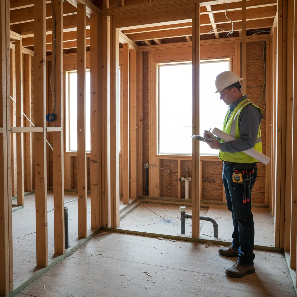 Residential building inspector reviewing bathroom framing and floor joists