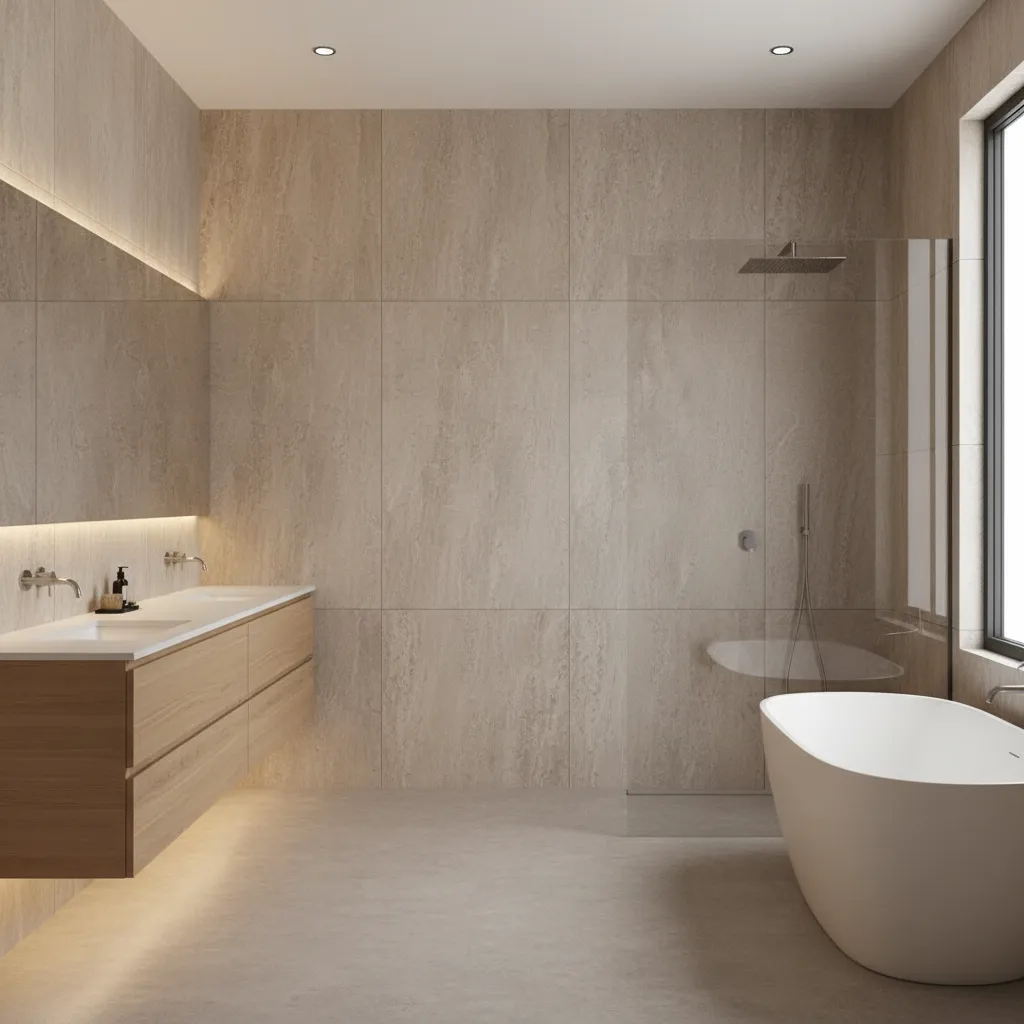 modern bathroom with full wall tiling and subtle grout lines creating clean appearance
