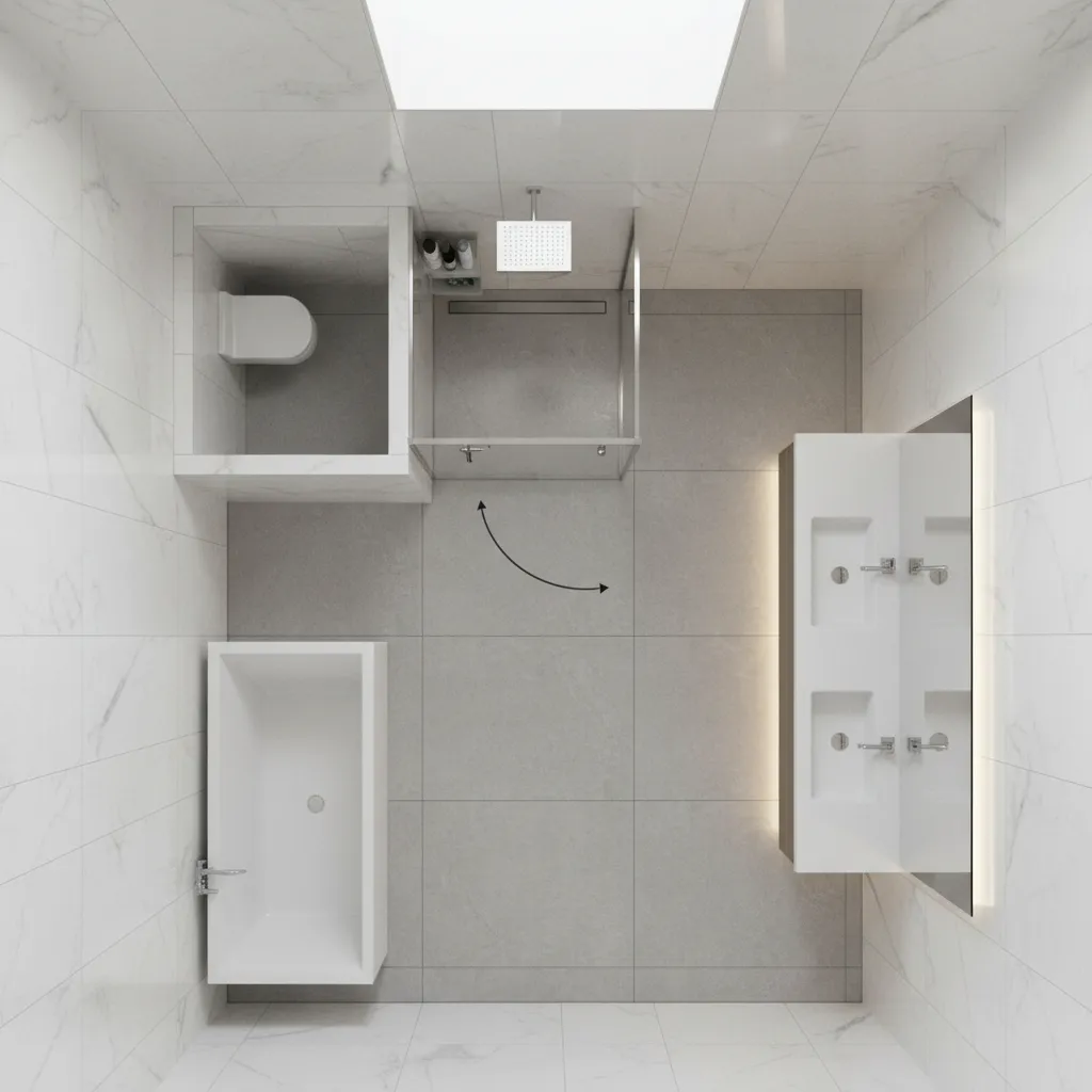 bathroom layout showing safe swing clearance for glass door
