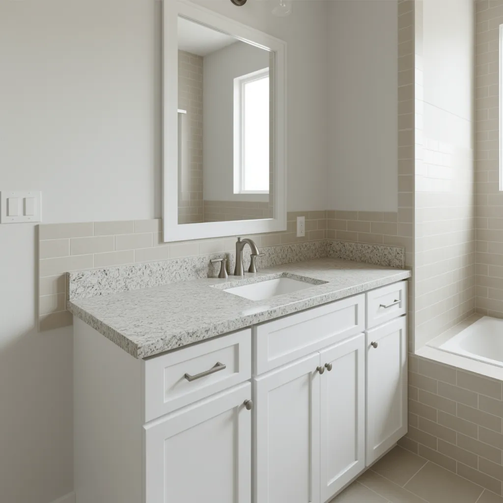 bathroom vanity with light granite countertop and white cabinets in modern bathroom