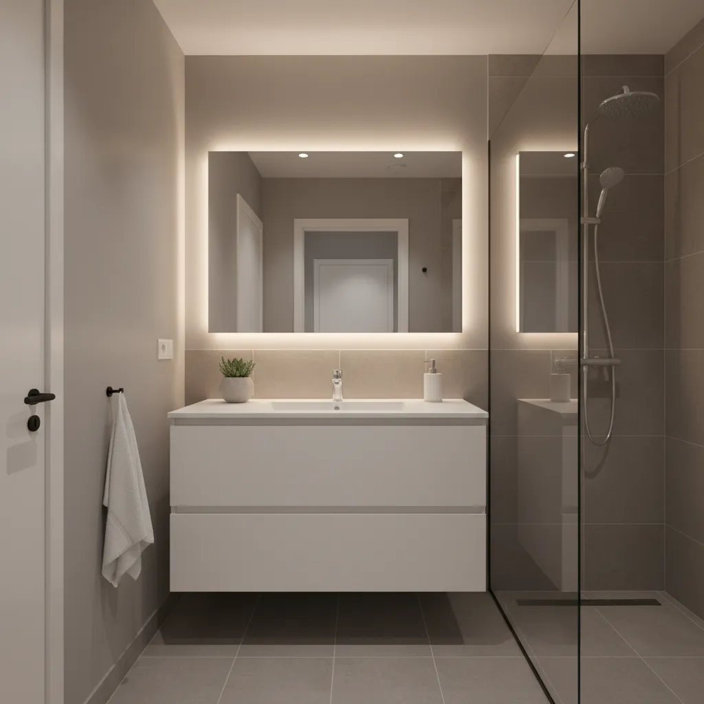 Finished small bathroom with balanced gray paint and modern fixtures