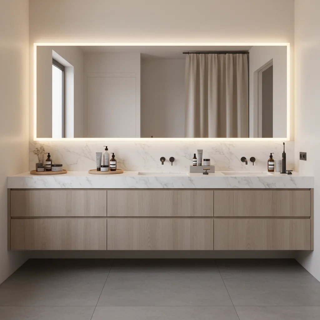 Organized bathroom grooming station with mirror lighting and skincare products