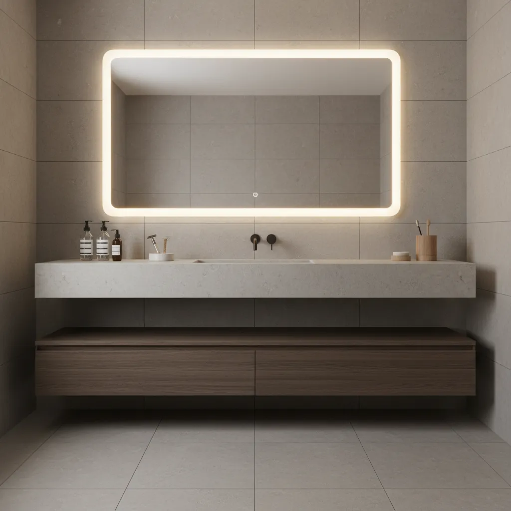 Well organized bathroom grooming area with mirror lighting and skincare storage