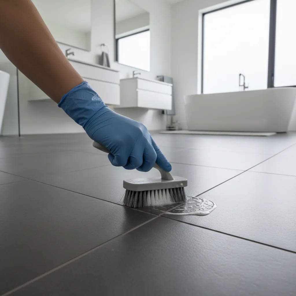 Cleaning grout lines between dark grey bathroom floor tiles