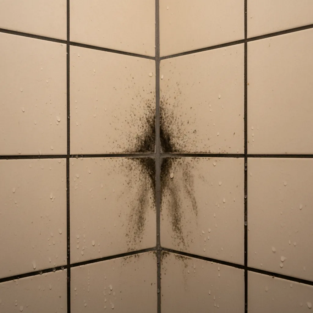 Bathroom tile grout showing mold growth in shower wall corners