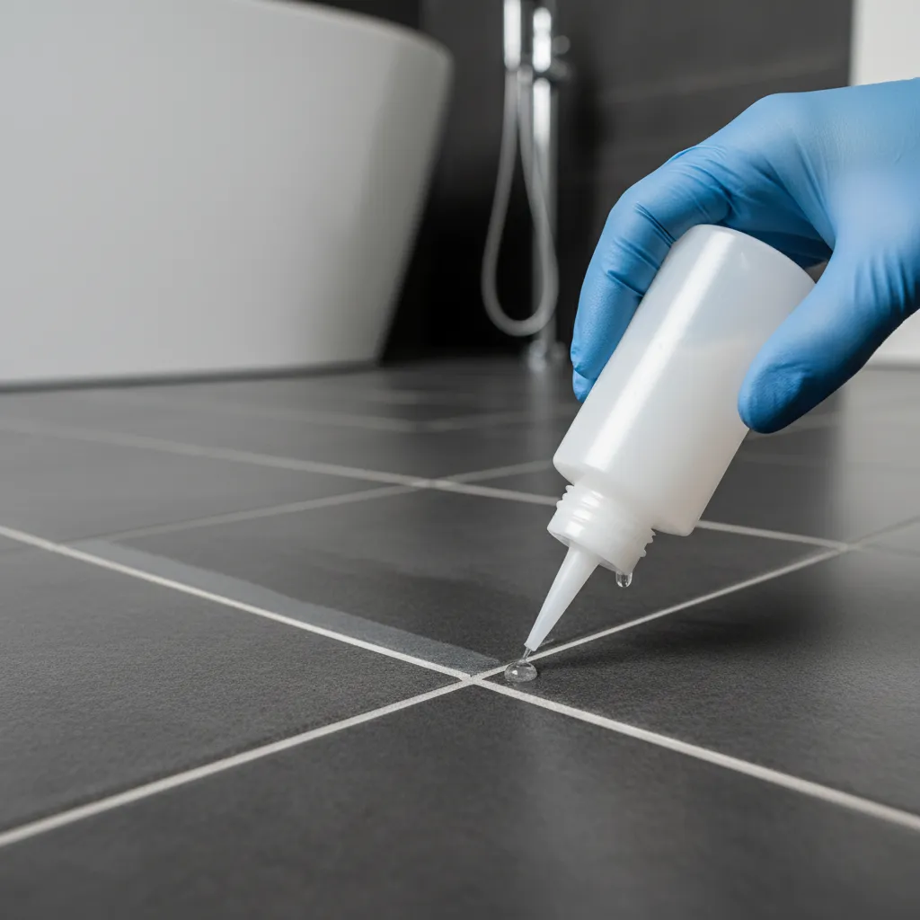 Applying grout sealant on dark grey bathroom floor tiles