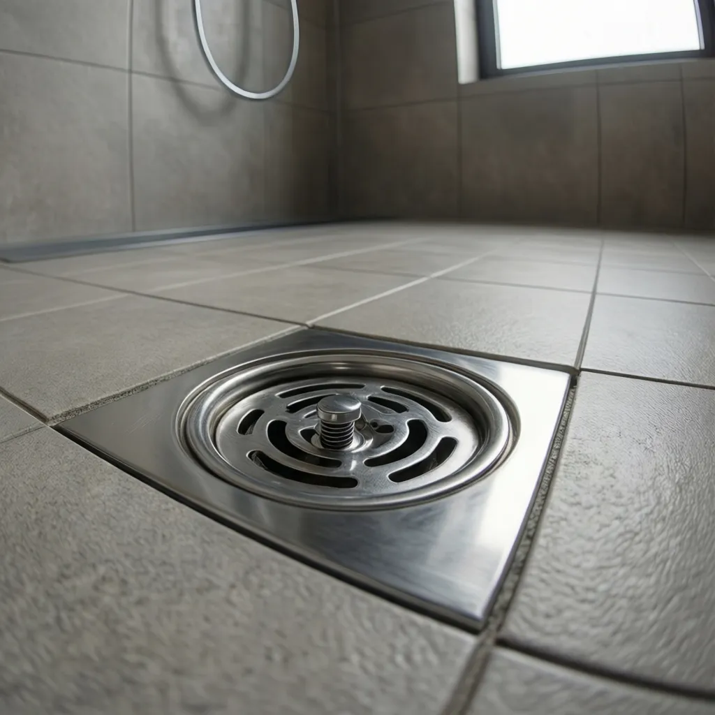shower drain with stainless steel hair catcher preventing clog buildup