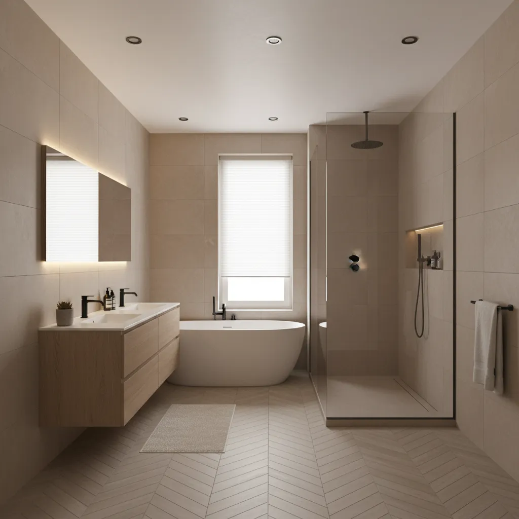 Bathroom floor featuring herringbone pattern porcelain tiles
