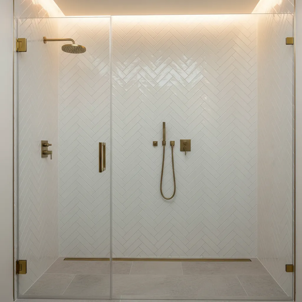 Bathroom wall with herringbone tile layout pattern