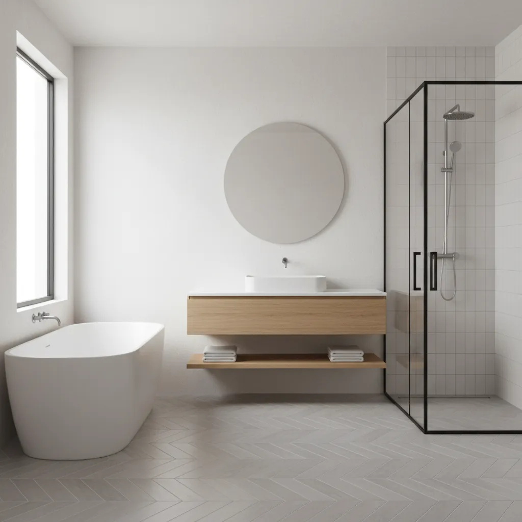 3D bathroom visualization with herringbone floor tile layout pattern