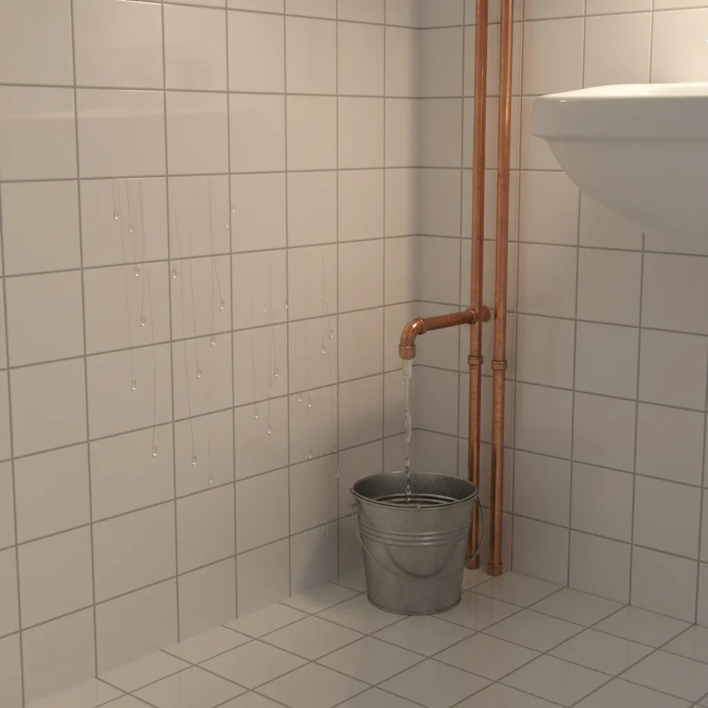 Bathroom corner with bucket and condensation water that can attract mosquitoes