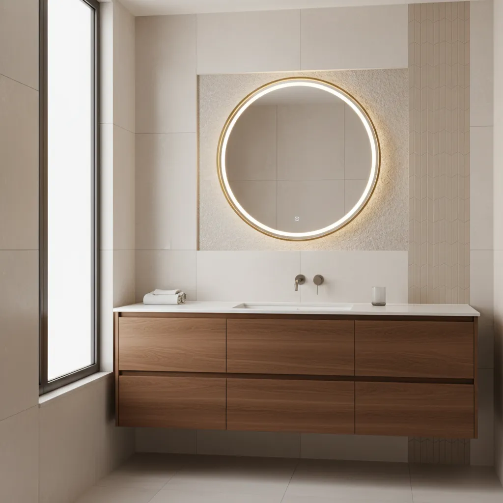 Bathroom vanity wall with decorative highlight tiles behind mirror