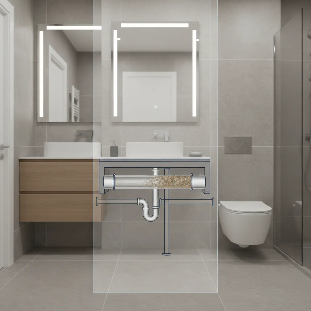 cutaway diagram showing horizontal bathroom drain pipe collecting hair and soap buildup