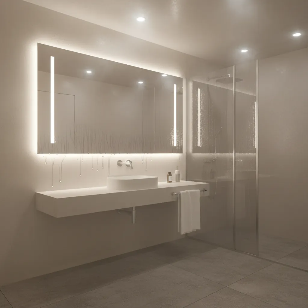 Bathroom filled with steam after shower showing condensation on fixtures