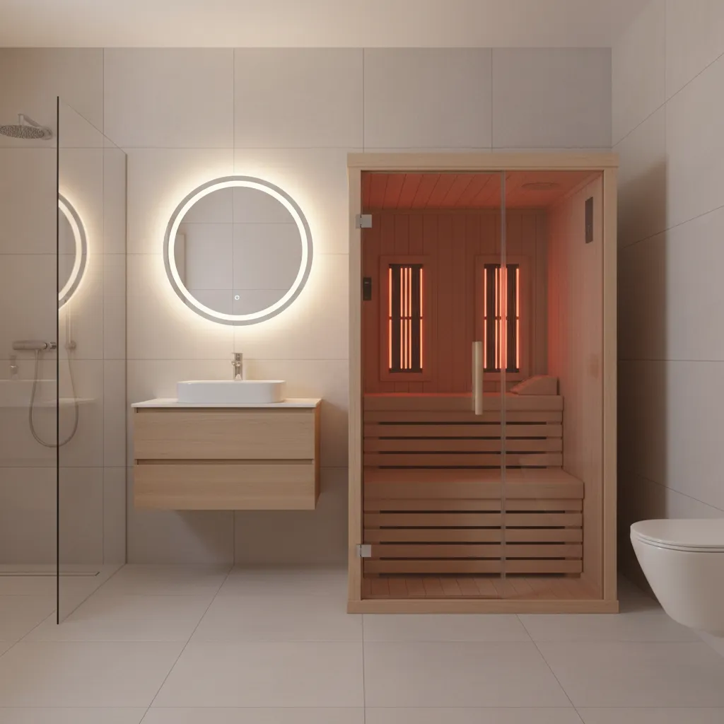 compact infrared sauna cabin integrated into modern bathroom