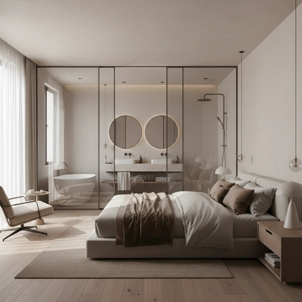 Modern bedroom interior design drawing with glass partition showing bathtub and double round bathroom mirrors