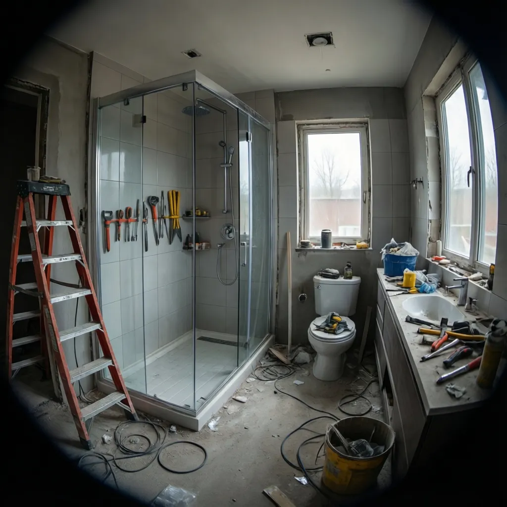 bathroom under construction with tools and partially installed shower