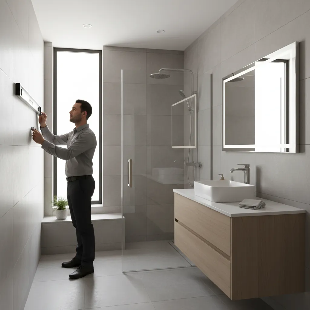 inspector checking tile alignment and shower installation in finished bathroom