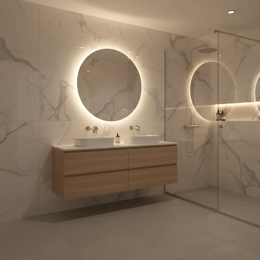 Modern bathroom interior design drawing with marble walls, round mirror, wooden cabinet, and glass shower
