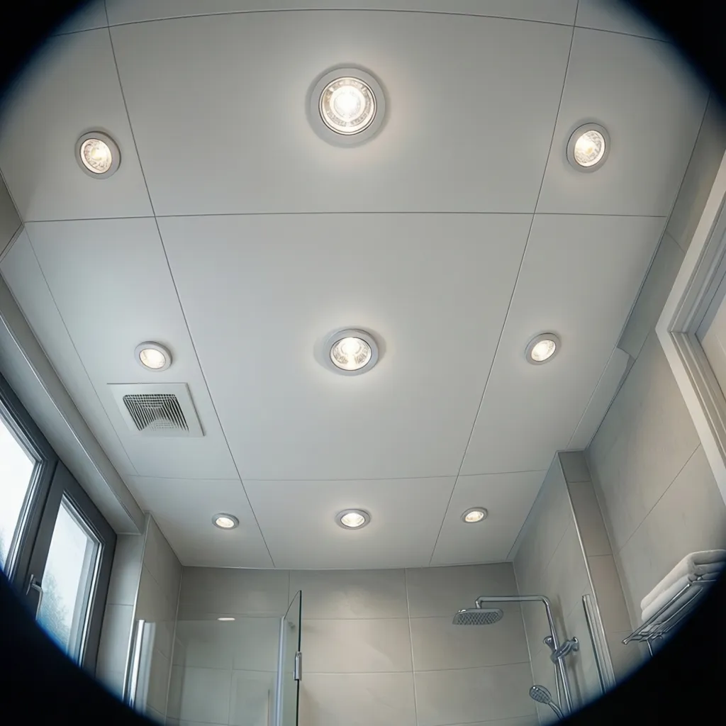 moisture rated recessed lighting installed in bathroom false ceiling