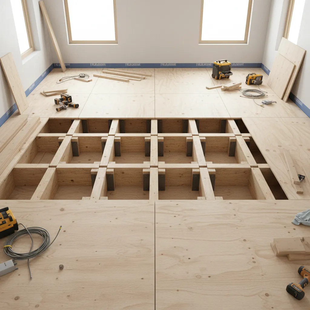 Reinforced bathroom floor joists supporting heavy bathtub installation