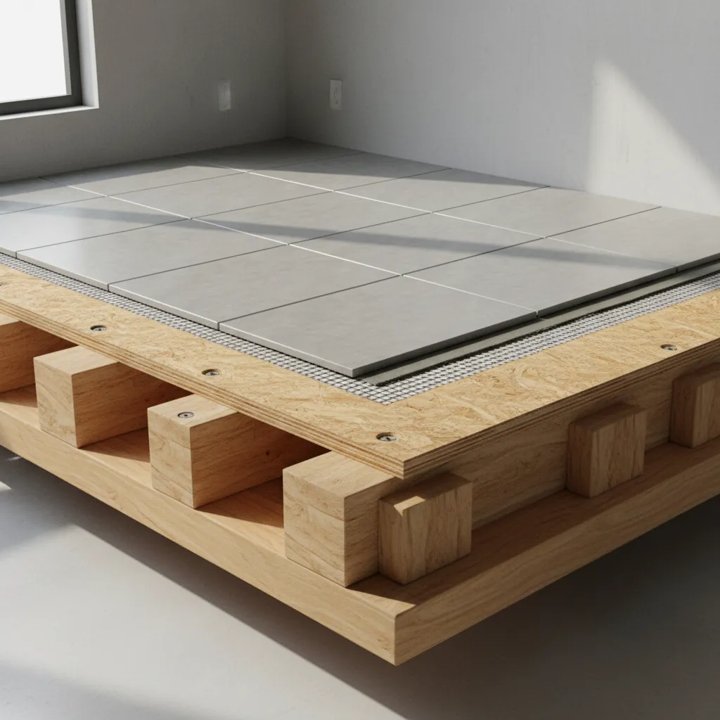 Bathroom floor joist spacing and subfloor structure supporting tile and bathtub