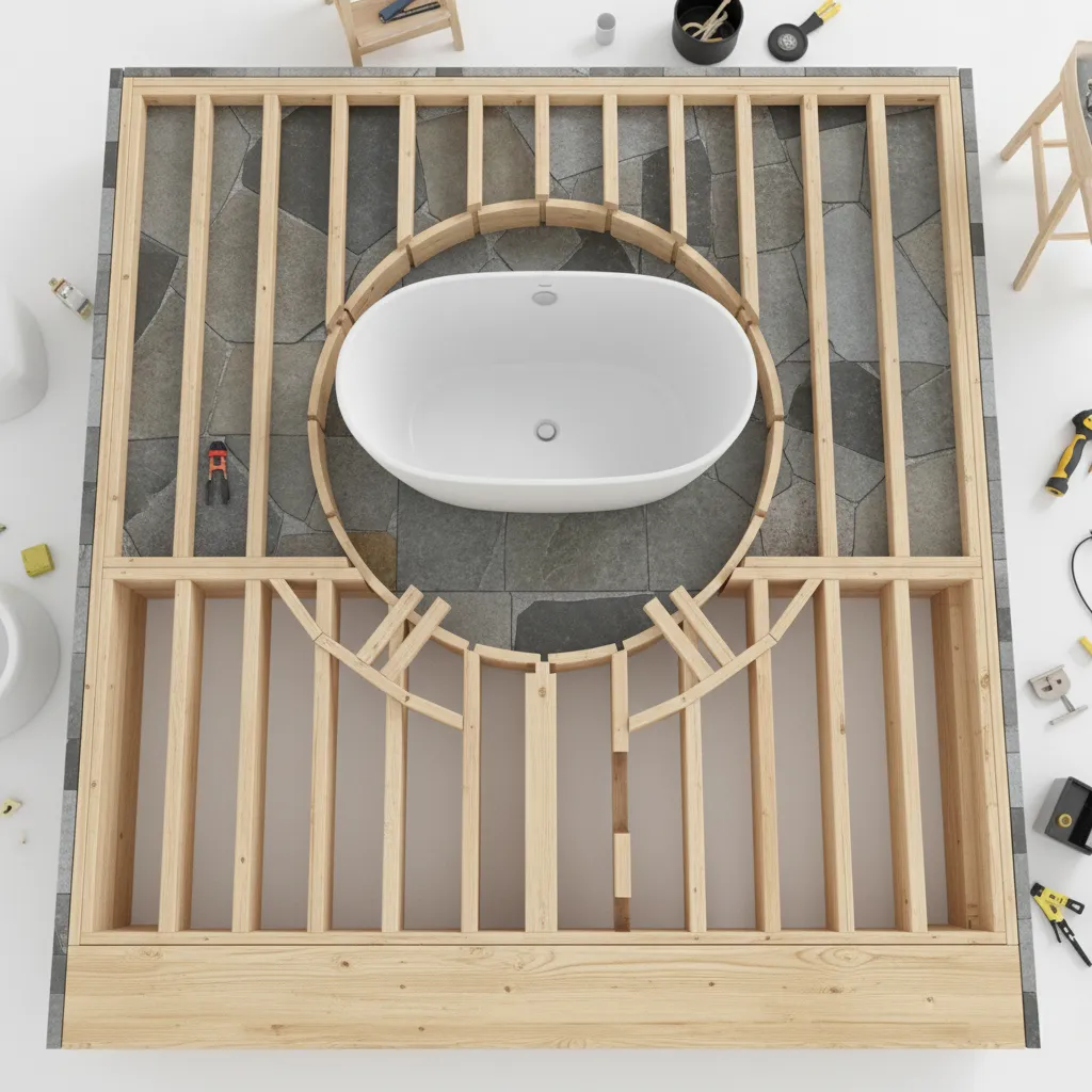 Bathroom floor framing showing reduced joist spacing for heavy fixture support