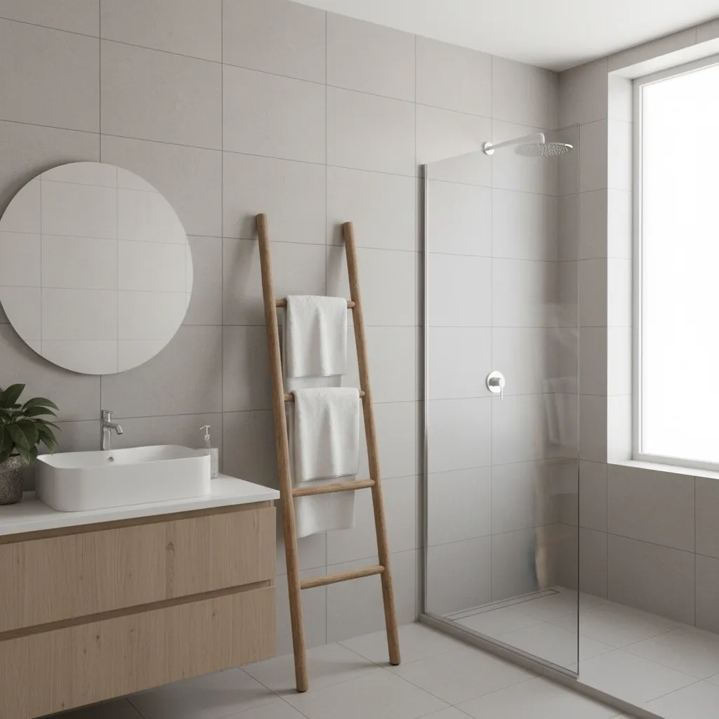 Wooden ladder rack holding decorative towels in a modern bathroom