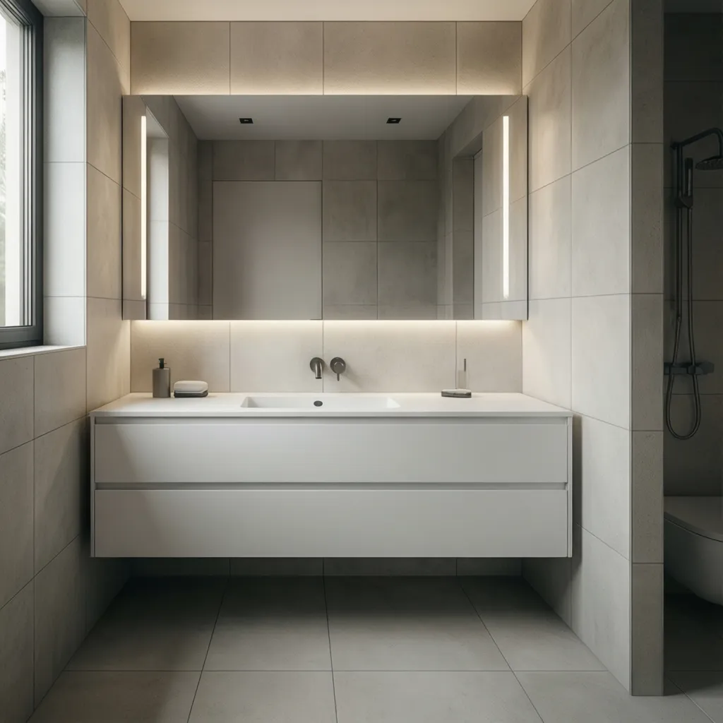 Modern bathroom with large format tiles behind a floating white vanity