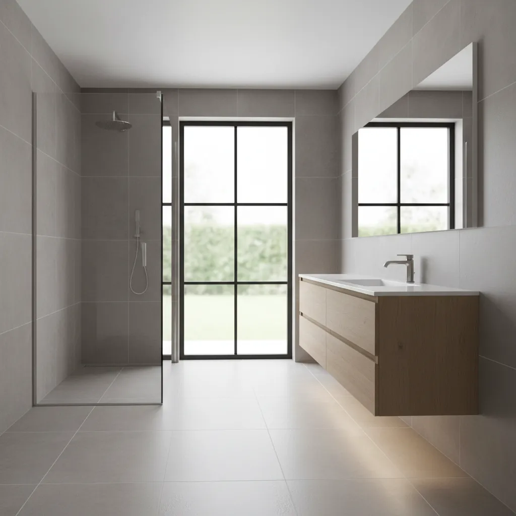 Bathroom interior using large format wall and floor tiles