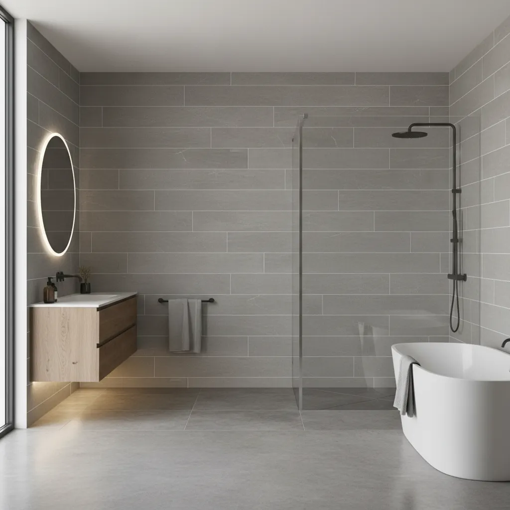 Horizontal layout using 600x1200 bathroom tiles on shower wall