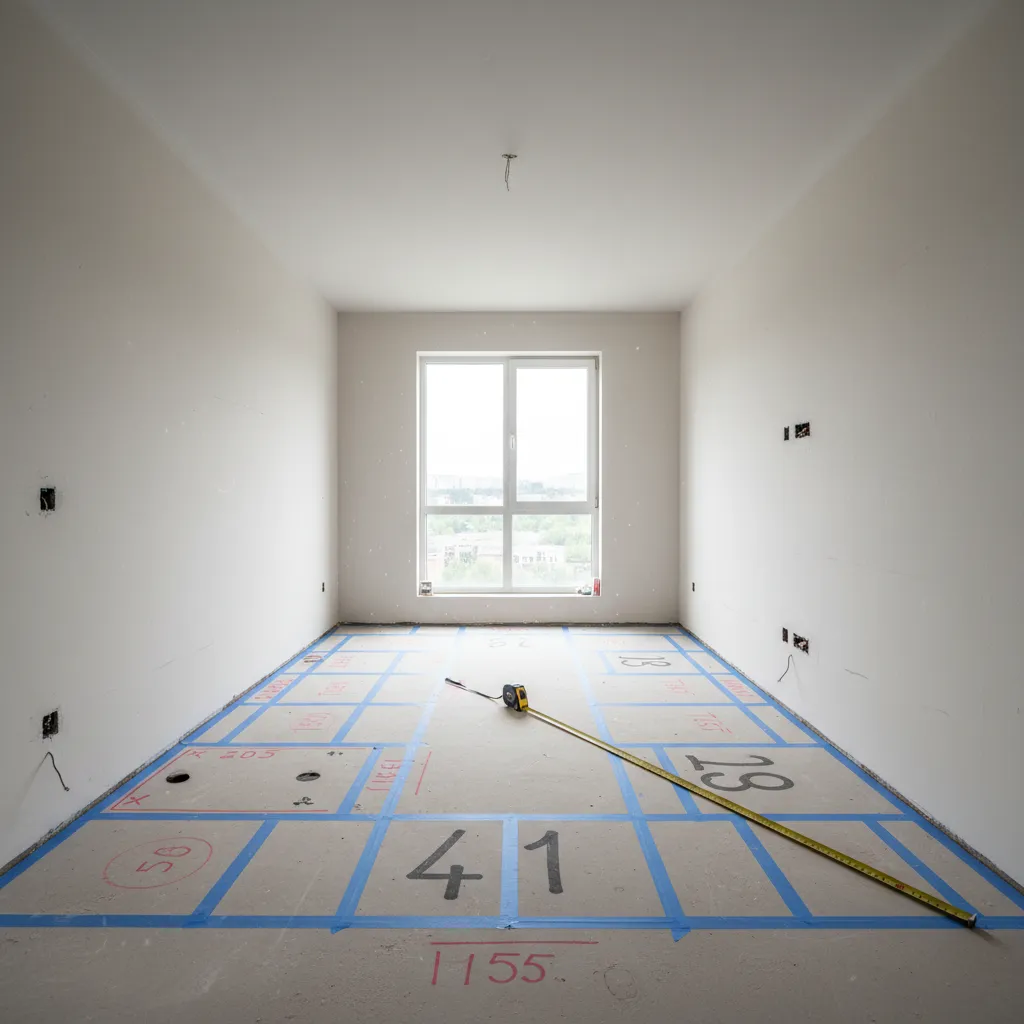 Empty room under renovation with blue tape layout on concrete floor and yellow measuring tape